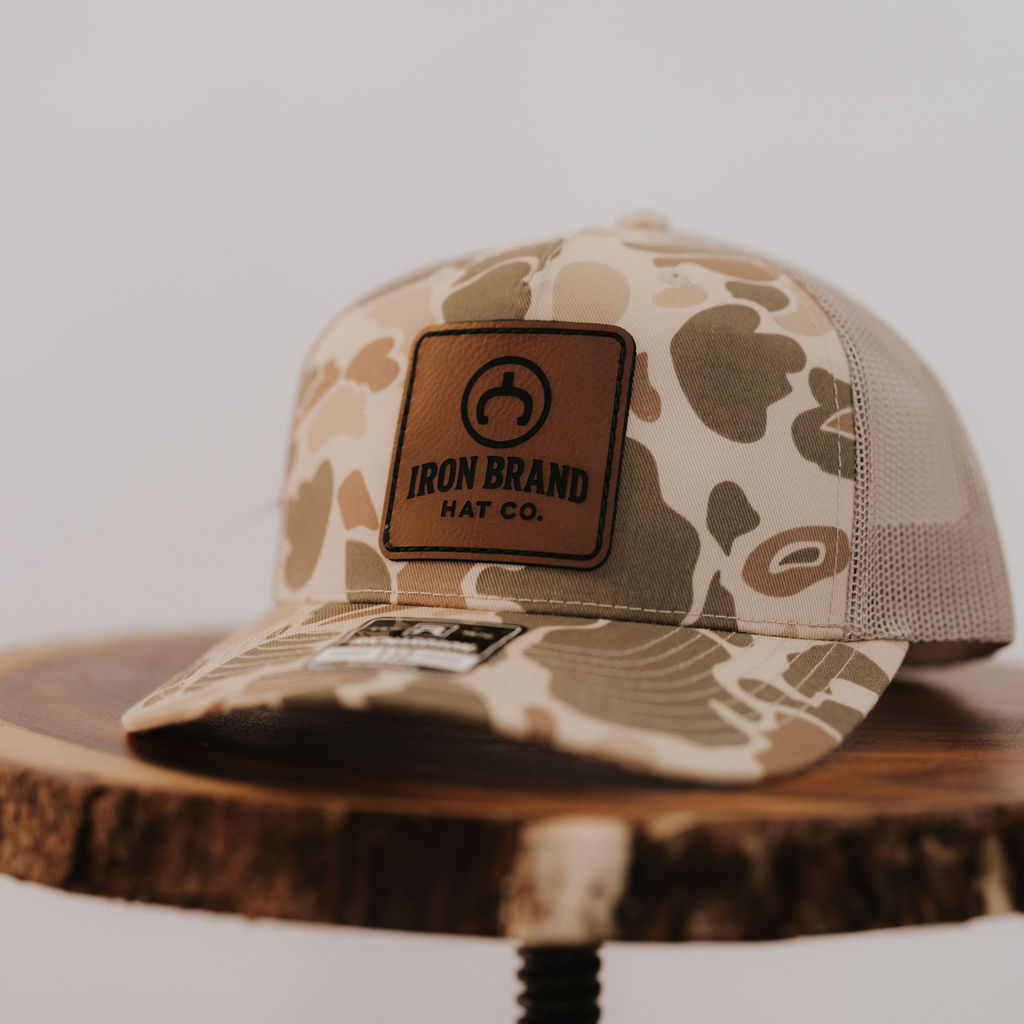 Harvest Duck Camo / Light Tan Richardson 112PFP | Square Leather Iron Brand Patch