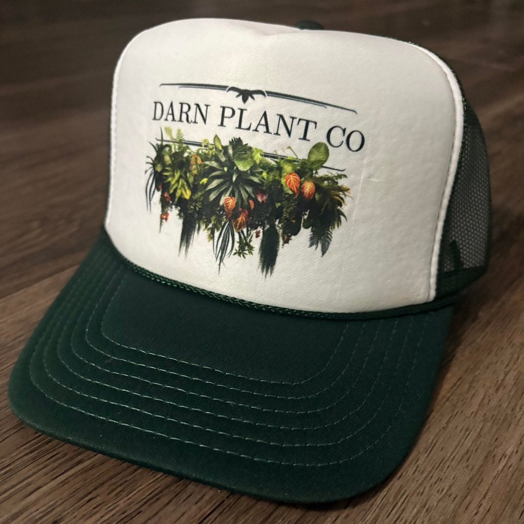 White / Hunter Green Foam Front Trucker | Rope Detail | DARN Plant Co. Logo